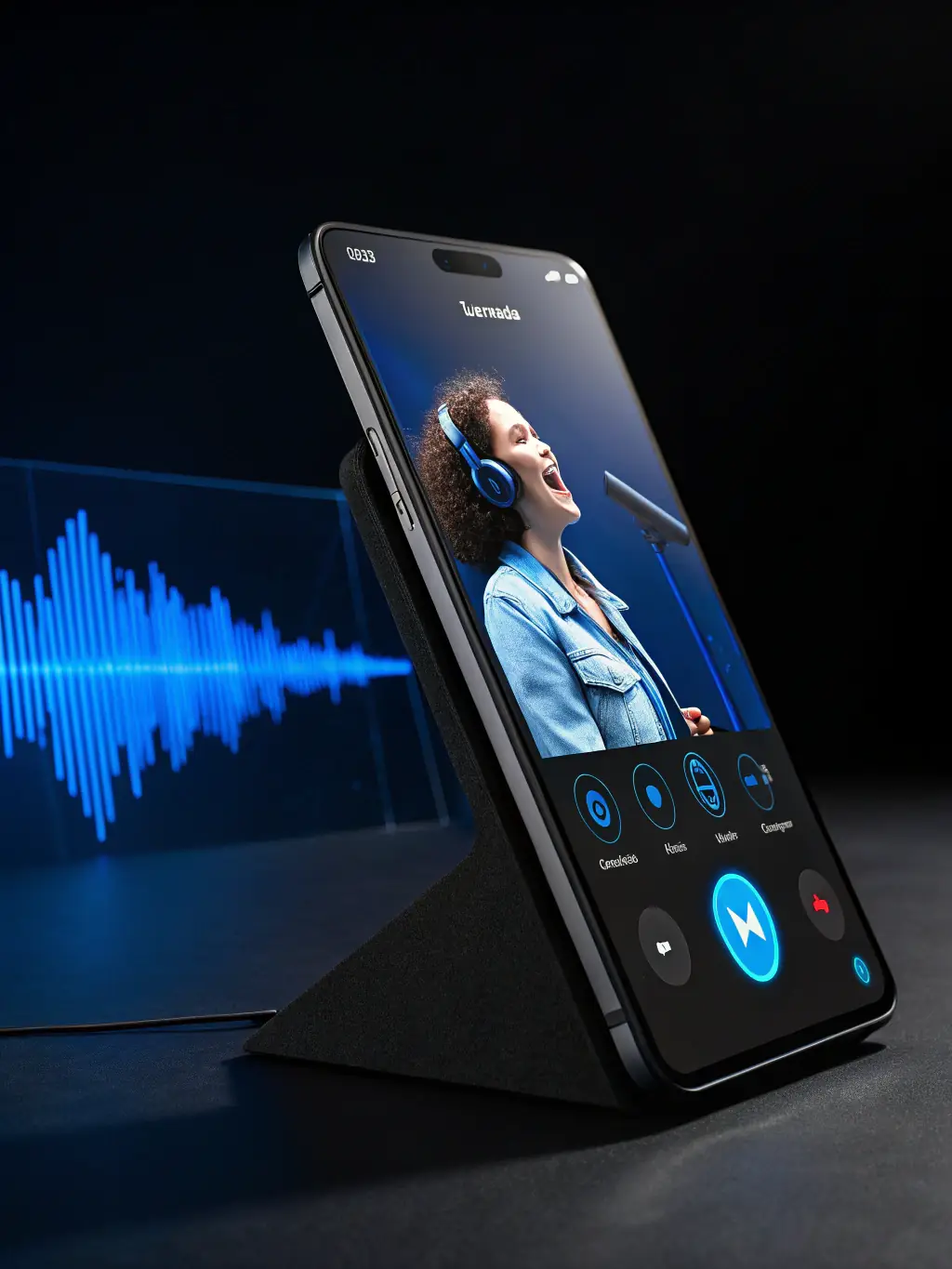 A professional AI phone receptionist answering a call with a clear, friendly voice, displayed on a smartphone screen with a blurred office environment in the background.