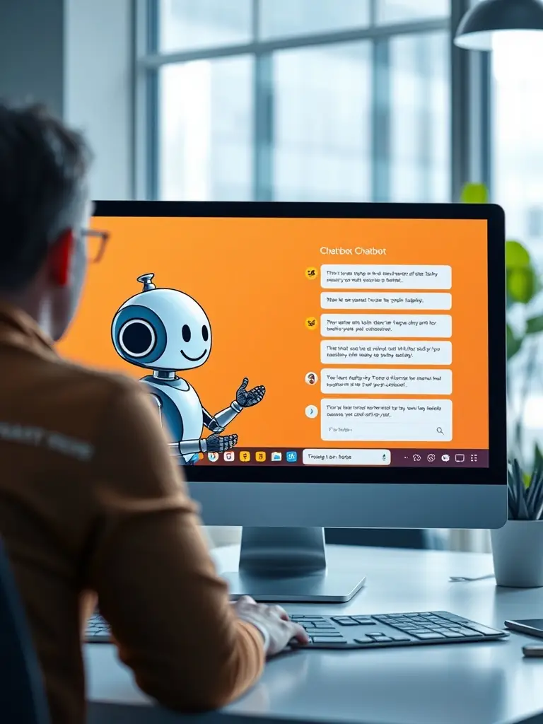 A sleek, modern AI chatbot interface engaging with a website visitor, displaying a friendly greeting and offering assistance, set against a blurred background of a bustling New York City office.