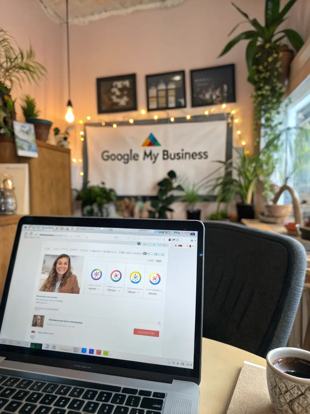 A visually optimized Google Business Profile dashboard showcasing improved search rankings, positive customer reviews, and increased website traffic for a local business in NYC.